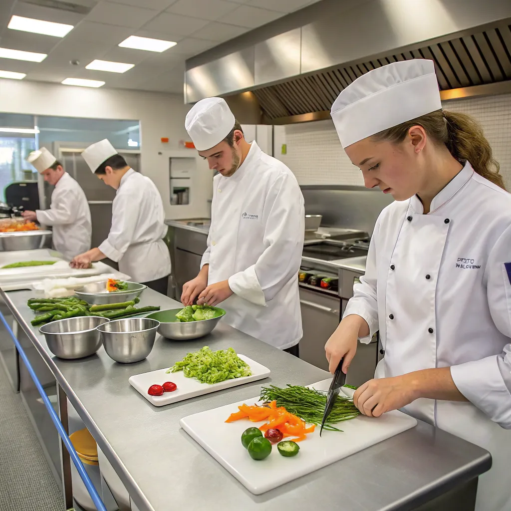 Culinary students enhancing their skills in a professional kitchen setting